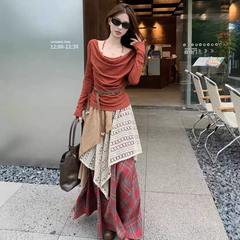 Новинка 2025, осенне-зимняя многослойная винтажная юбка, искусственная двухсекционная многослойная клетчатая юбка-зонтик в стиле ретро, юбка А-силуэта