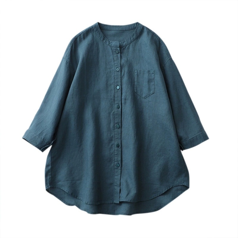 Summer Linen Shirt with Stand Collar and Three-Quarter Sleeves, White Shirt, Loose Plus-Size Sun Protection Shirt, Japanese-Style Cotton-Linen Women's Clothing