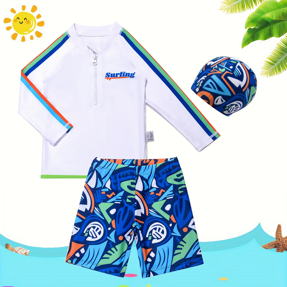 Conjunto de traje de baño para niños de 7 a 12 años, conjunto de tres piezas, diseño de dinosaurio de dibujos animados, protección solar, secado rápido, conjunto de traje de baño de manga larga para niños mayores image 15