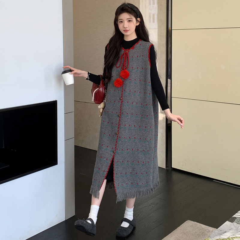 2025秋冬孕妇裙韩版时尚毛球提花马甲裙+针织毛衣连衣裙孕妇套装|undefined