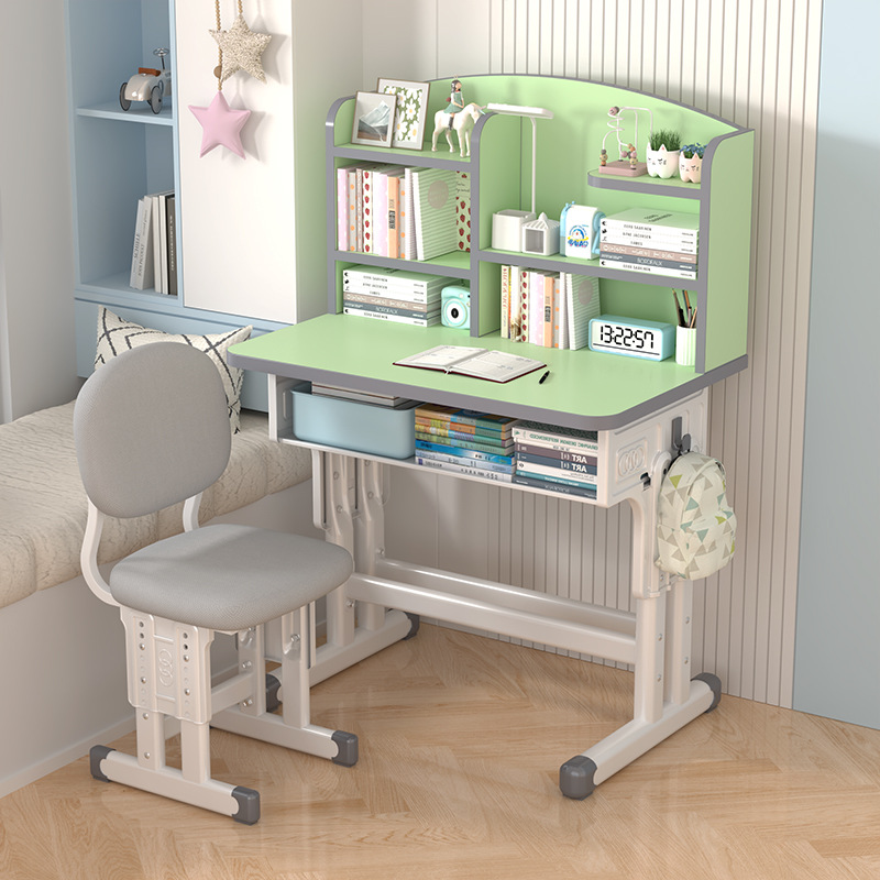 Double-layer children's study desk bookshelf integrated table and chair adjustable student desk home writing table and chair with Bookshelf