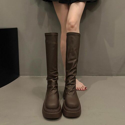 Small knight boots 2025 autumn and winter popular high-height, knee-length, black thick heels, piled long boots, thin boots