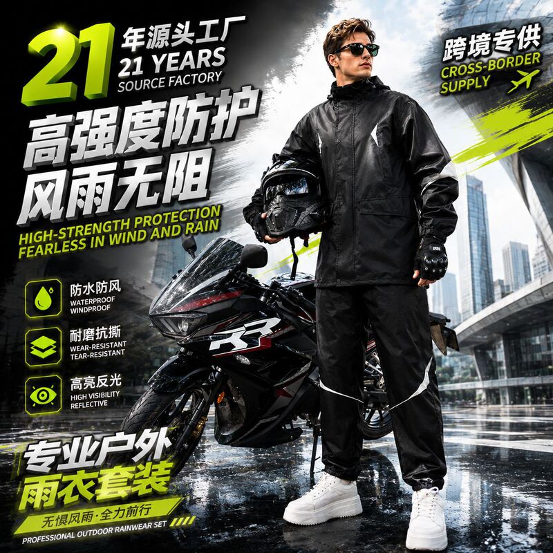 Black Cycling Raincoat and Rain Pants Set, Made of Pongee Fabric with Pvc Coating, Two-Piece Style for Delivery and Commuting Black Cycling Raincoat and Rain Pants Set, Made of Pongee Fabric with Pvc Coating, Two-Piece Style for Delivery and Commuting