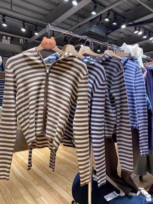 Bm Style Sweet and Cute Style Stripesd Double Zipper Knitted Cardigan Bm American Slim Short Hooded Top for Women