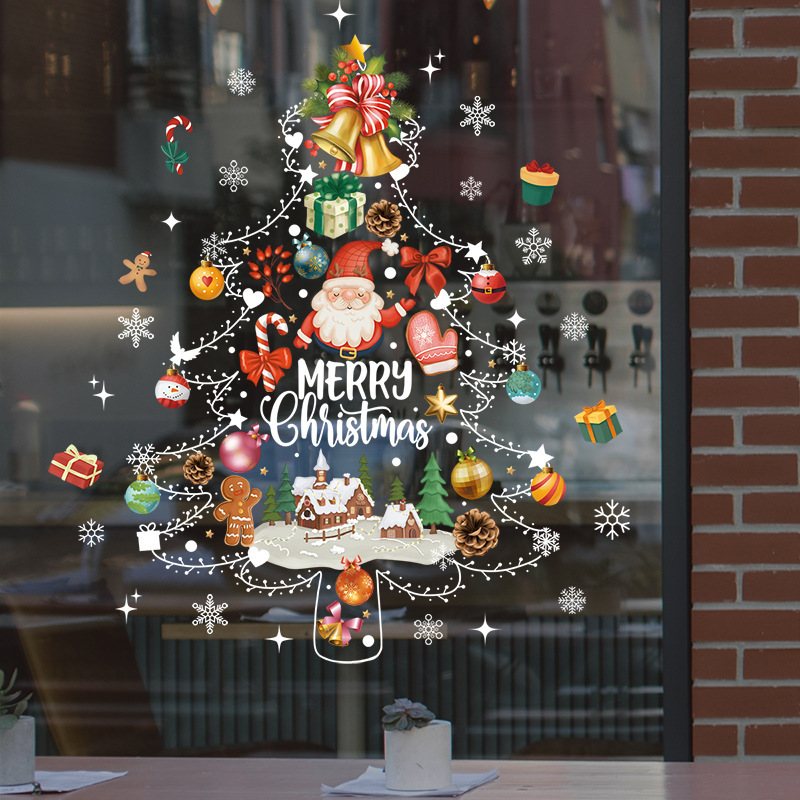 カラフルなクリスマスツリー、白い吊り下げライト、窓用ウォールステッカー、クリスマスツリー、雪の結晶、クッキー、キャンディー、サンタクロースのウォールステッカー、静電窓飾り|undefined