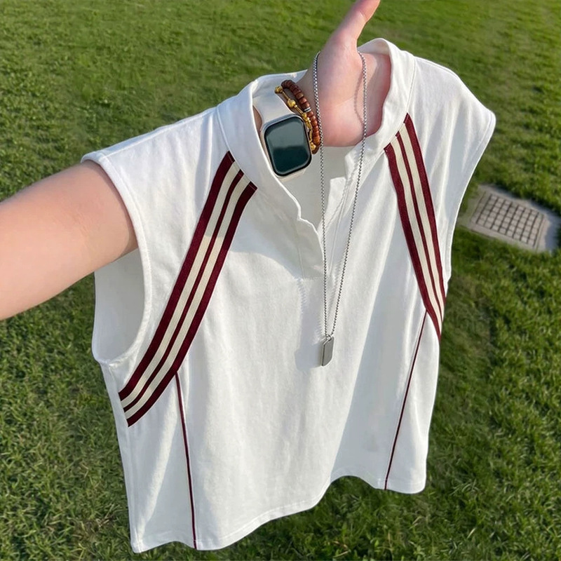 White Henley Collar Polo Shirt Vest for Men, Summer Thin Style, Color-Blocked Striped Sleeveless T-Shirt, Sports Tank Top