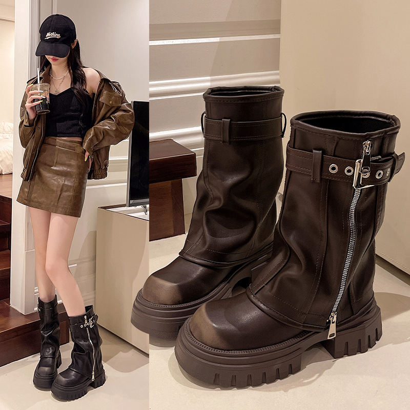 Brown Slimming British Style Thick-Soled Martin Boots for Women 2025 New Chunky Heel Retro Popular Western Long Boots