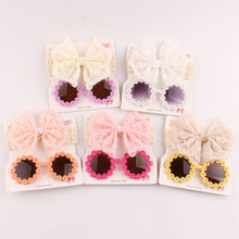 外贸ins风儿童太阳镜蝴蝶结发带套装宝宝蕾丝头带头饰遮阳眼镜