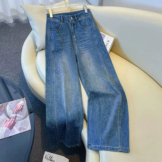 宽松时尚烫钻直筒牛仔裤女2026年春夏季高腰显瘦垂感百搭阔腿裤子
