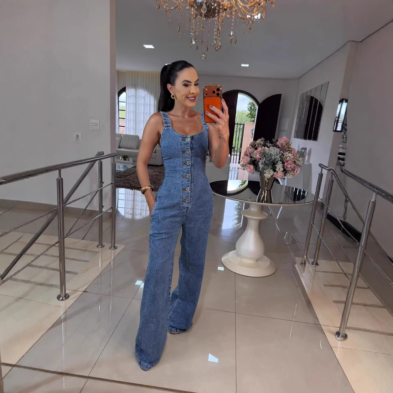 2026 Foreign Trade Denim Jumpsuit New Style European and American Cross-Border Hot-Selling Slim-Fit Waist-Cinching Wide-Leg Pants 013