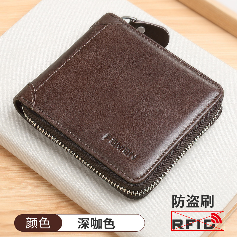 Cartera para hombre 2025 nueva billetera corta de cuero con cremallera multifuncional billetera de marca de moda licencia de conducir cepillo antirrobo para hombre