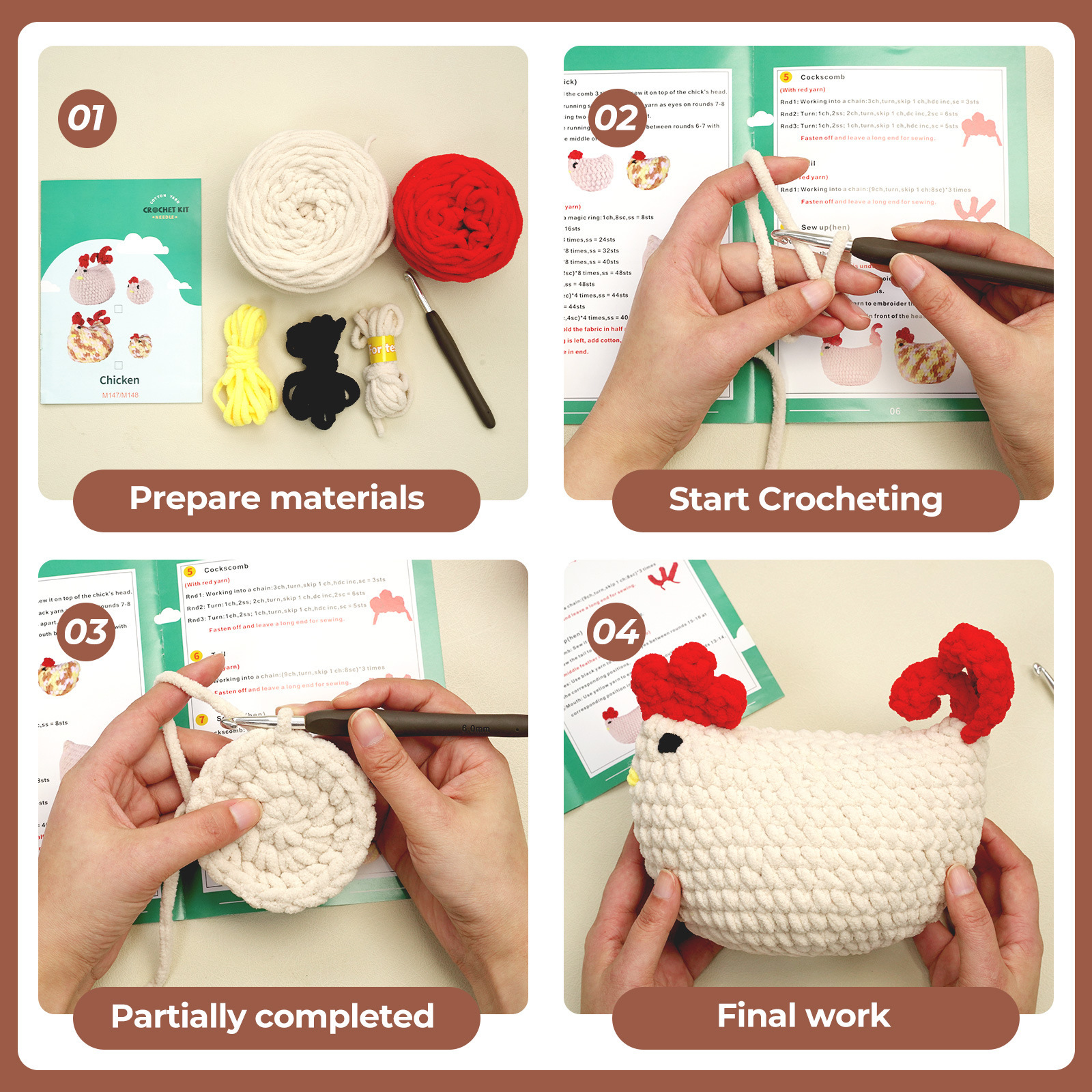 diy DIY pendant weaving set of small hens with segmented ice stripe thread, Amazon English crochet material pack pic 6