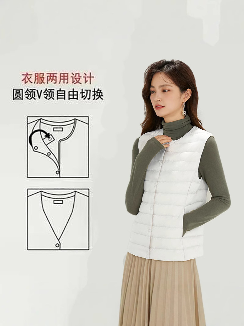 Otoño y invierno nuevo chaqueta ligera de plumón, chaleco de cuello corto de cuello redondo sin cuello ligero chaleco de color sólido