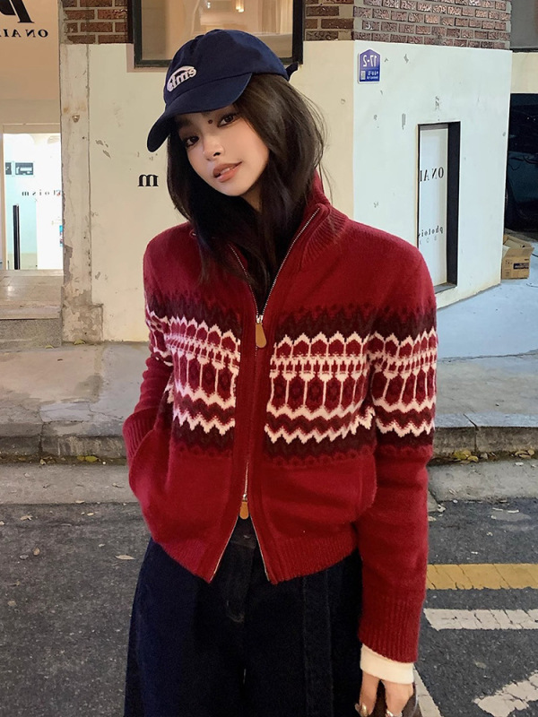 灰色费尔岛拉链立领毛衣外套女春秋季高级感外穿宽松针织开衫上衣|undefined