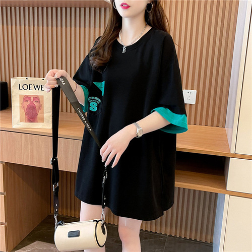 2024 summer new loose casual all-matching design color matching round collar T-shirt top