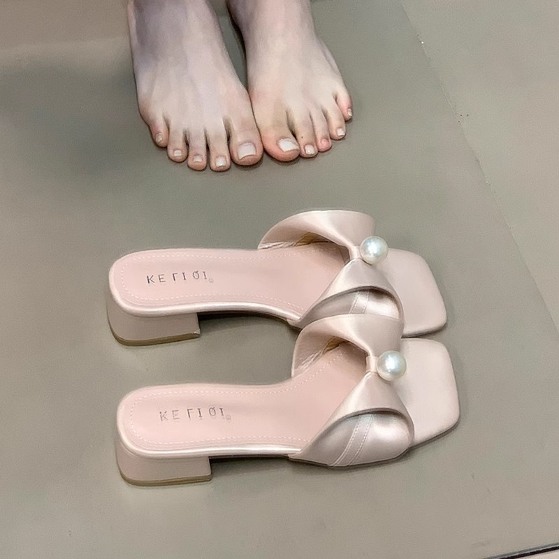 フレンチ太ヒールリボンパールスクエアトゥサンダル女性用夏多用途アウターウェアスカート付き妖精スリッパ|undefined