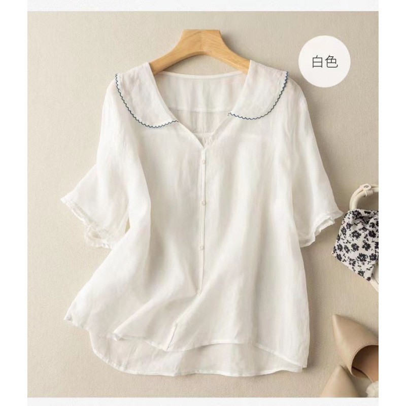 Wholesale Short-Sleeved Navy Collar Ramie Tops, Artistic Retro Cotton and Linen Blouses, Doll Collar, Loose Fit, Slimming, Thin Style, New Model