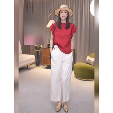 设计感休闲运动穿搭长裤一整套圆领红色圆领本命年短袖两件套女装