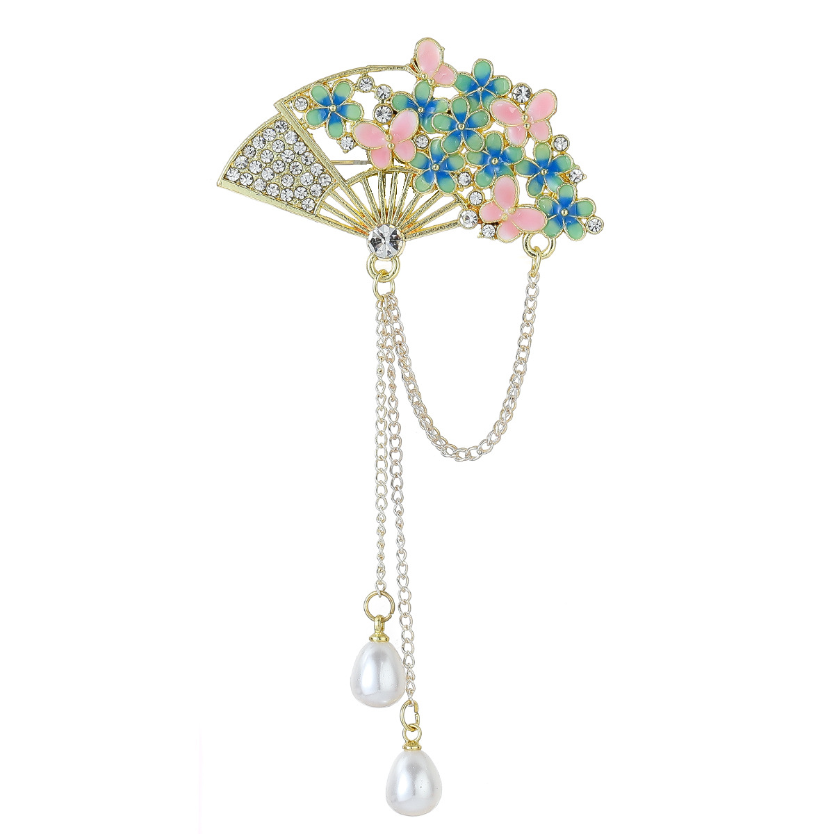 Chinese-Style Folding Fan Enamel Brooch with Rhinestones and Tassels, Vintage Qipao Coat Pin, Pearl Pendant, Butterfly Brooch Accessory
