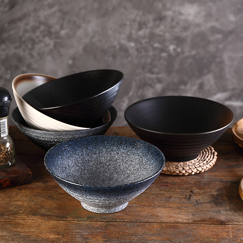 Japanese Ceramic Bowl Ramen Bowl Creative Tableware Eating Noodle Large Bowl Household Ajisen Bamboo Hat Bowl Rice Soup Bowl Large Bowl and Chopsticks