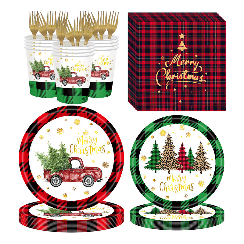 Christmas Car Disposable Plate Paper Tray Decorations Paper Tray Banquet Atmosphere Layout Paper Towel Flag suit