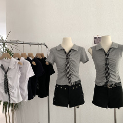 Omalai ポロシャツ チェック柄 ネクタイ ウエスト痩身 プリーツ 半袖 Tシャツ トップス カレッジスタイル リアルショット 女性用 3766