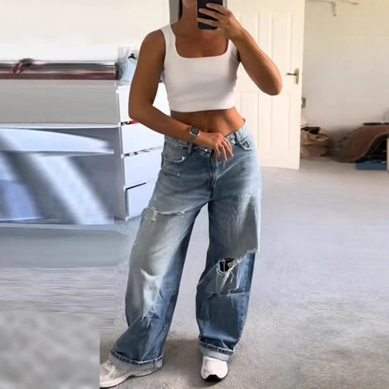 European and American Cross-Border American Street Style Trendy Fashion Jeans Y2K High-Waisted Ripped Washed Loose Straight Pants