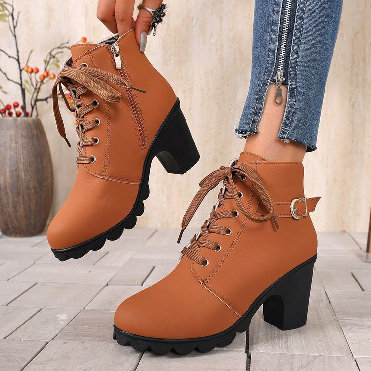 Boots Women's 2025 Cross-Border New European and American European Style Combat Boots Round Toe Thick Heel Side Zipper Short Boots