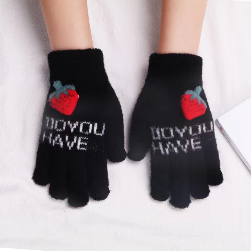 ins strawberry couple gloves wool fleece-lined touch screen knitted warm korean riding cold protection in autumn and winter adult