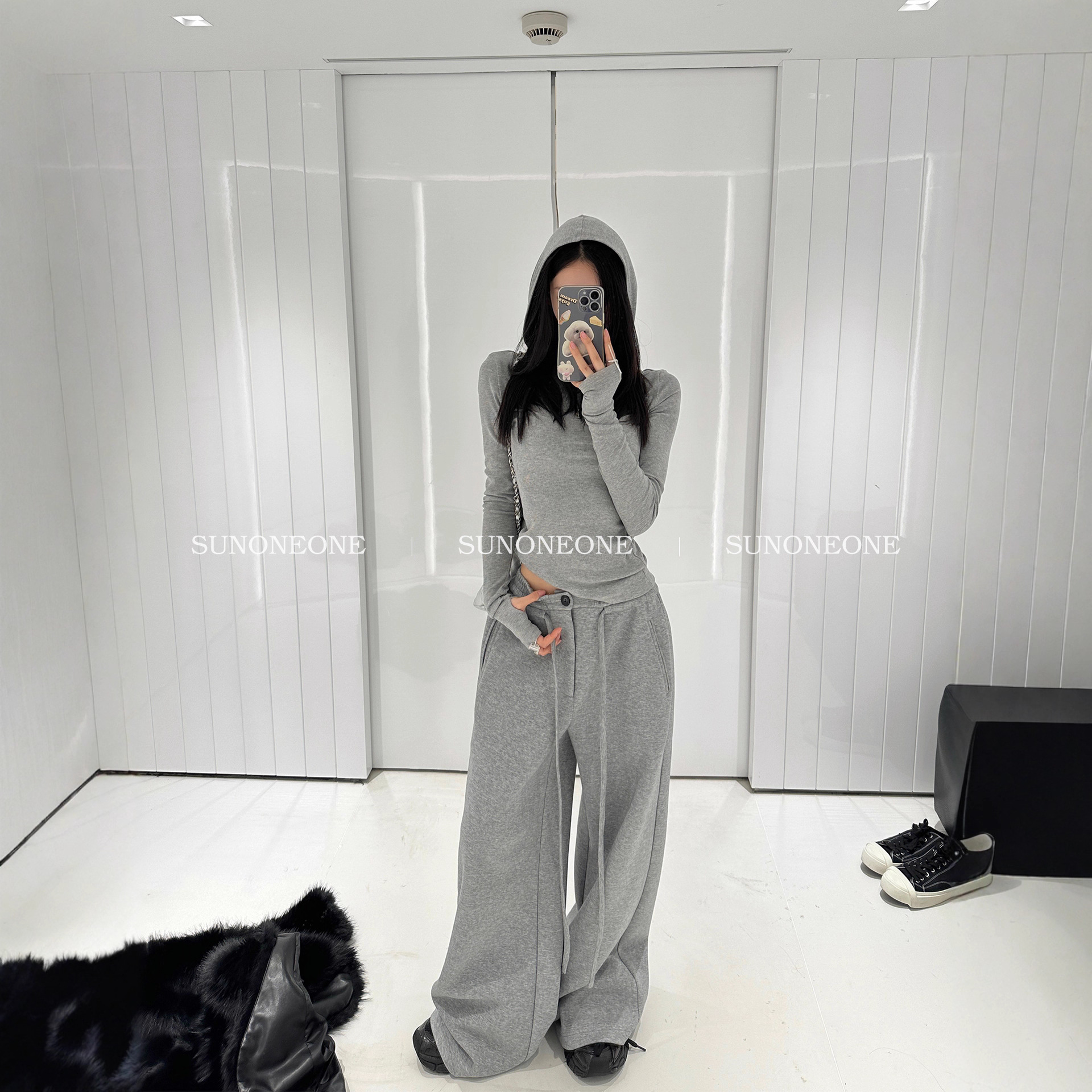 抽绳卫裤女秋冬新款直筒慵懒风宽松休闲阔腿运动裤加绒灰色中高腰