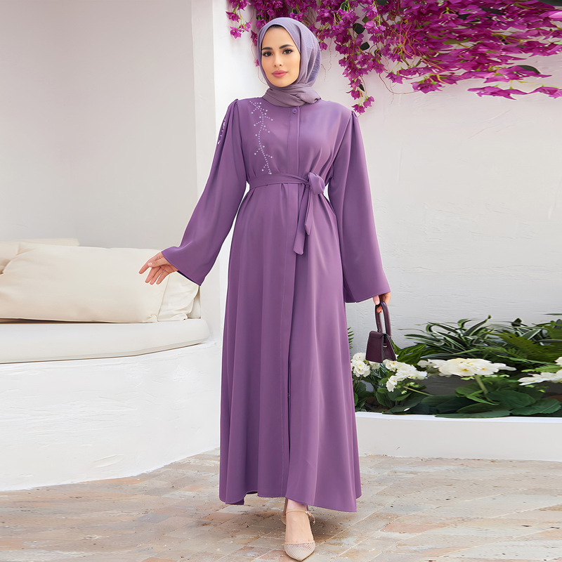 A1456 Elegant Beaded Cardigan Dress with Belt (Excluding Headscarf)