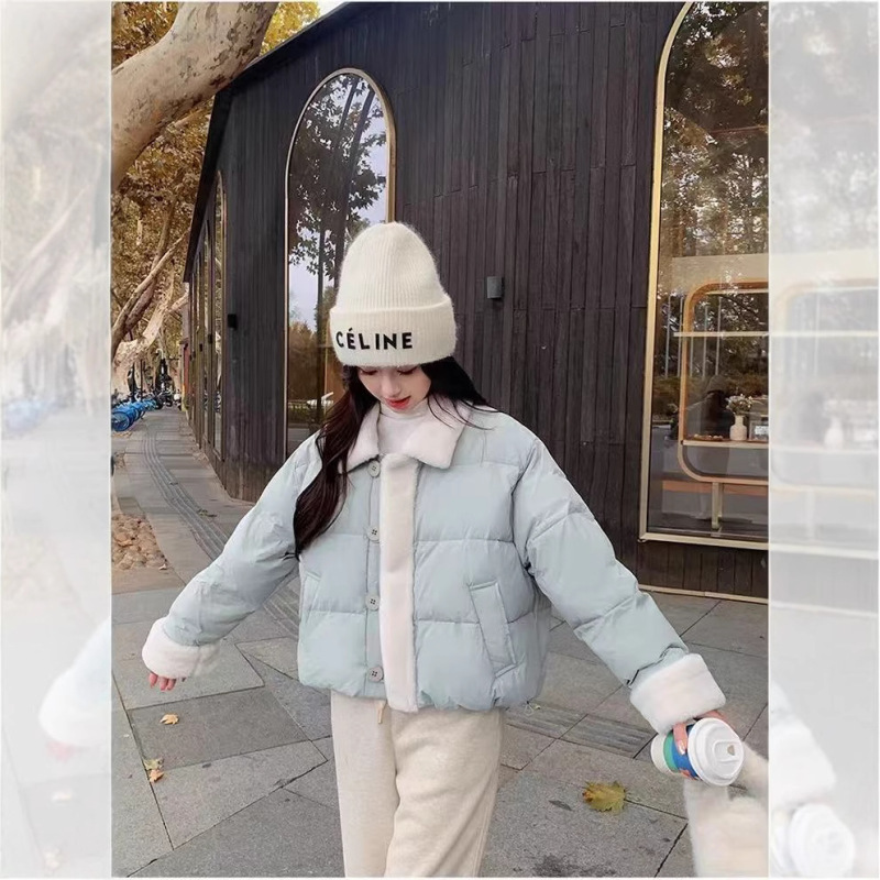 羊羔毛拼接粉色棉衣女冬季小个子温柔风奶乎乎韩系短款面包服|undefined