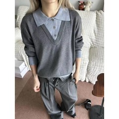 灰色miu系假两件针织衫长袖男女早秋高知老钱风穿搭美式翻领上衣