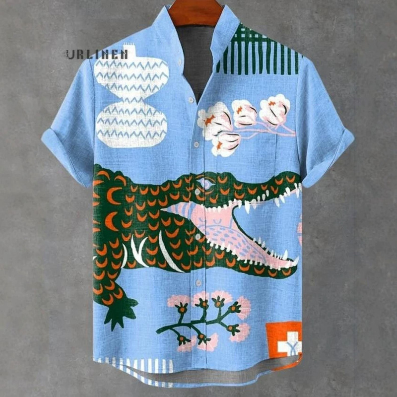 Cross-Border Fun Crocodile Illustration 3D Digital Print Stand Collar Short-Sleeved Shirt Men's Summer Casual Style Shirt Wholesale