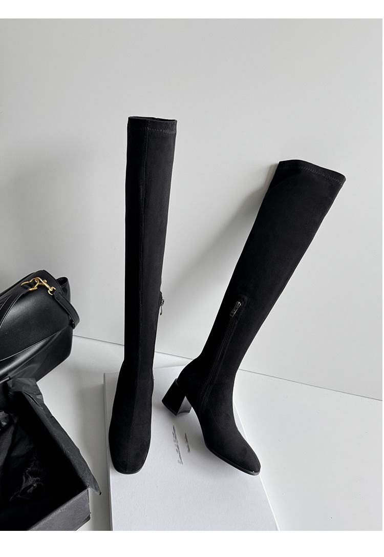 Boot nữ cổ cao ôm chân co giãn da lộn gót cao 9 cm — đen, mơ chi tiết 20
