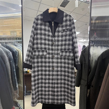 跨境女装呢子大衣女长款秋冬季设计感千鸟格两件套毛呢外套都市款