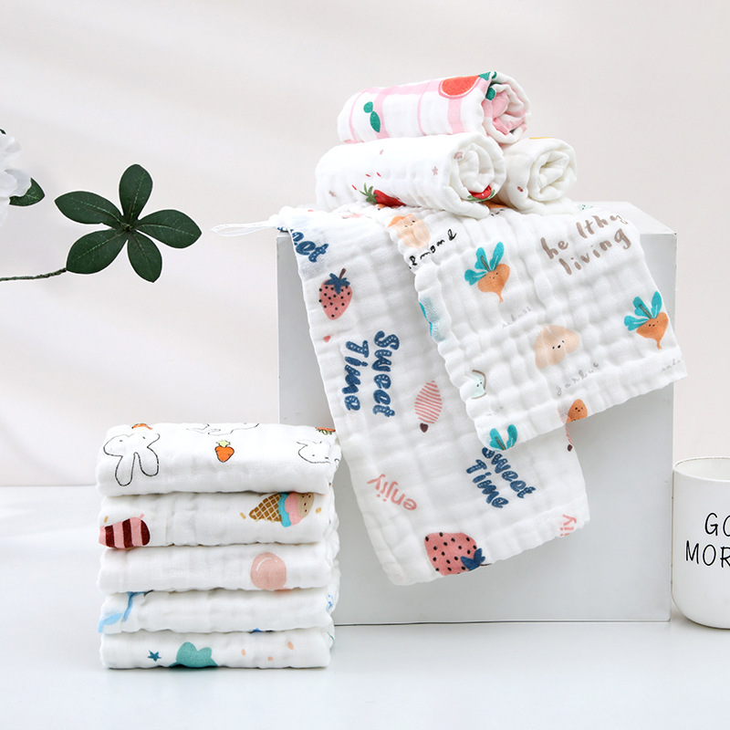 Every day cotton high density six layer children's bubble gauze printed saliva towel baby cartoon face wash small square towel