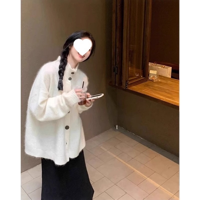 白色高领针织开衫外套中长款秋冬新款宽松慵懒风奶fufu毛衣女上衣