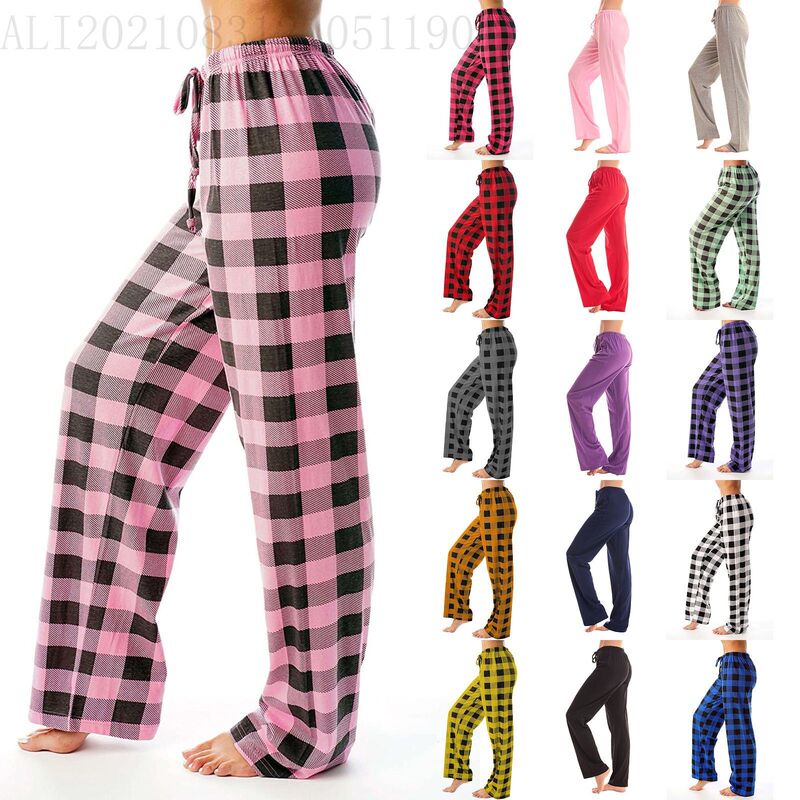 Amazon Foreign Trade Women's Spring and Autumn Drawstring Plaid Print Pants Trousers Casual Pants Home Pants Amazon Foreign Trade Women's Spring and Autumn Drawstring Plaid Print Pants Trousers Casual Pants Home Pants