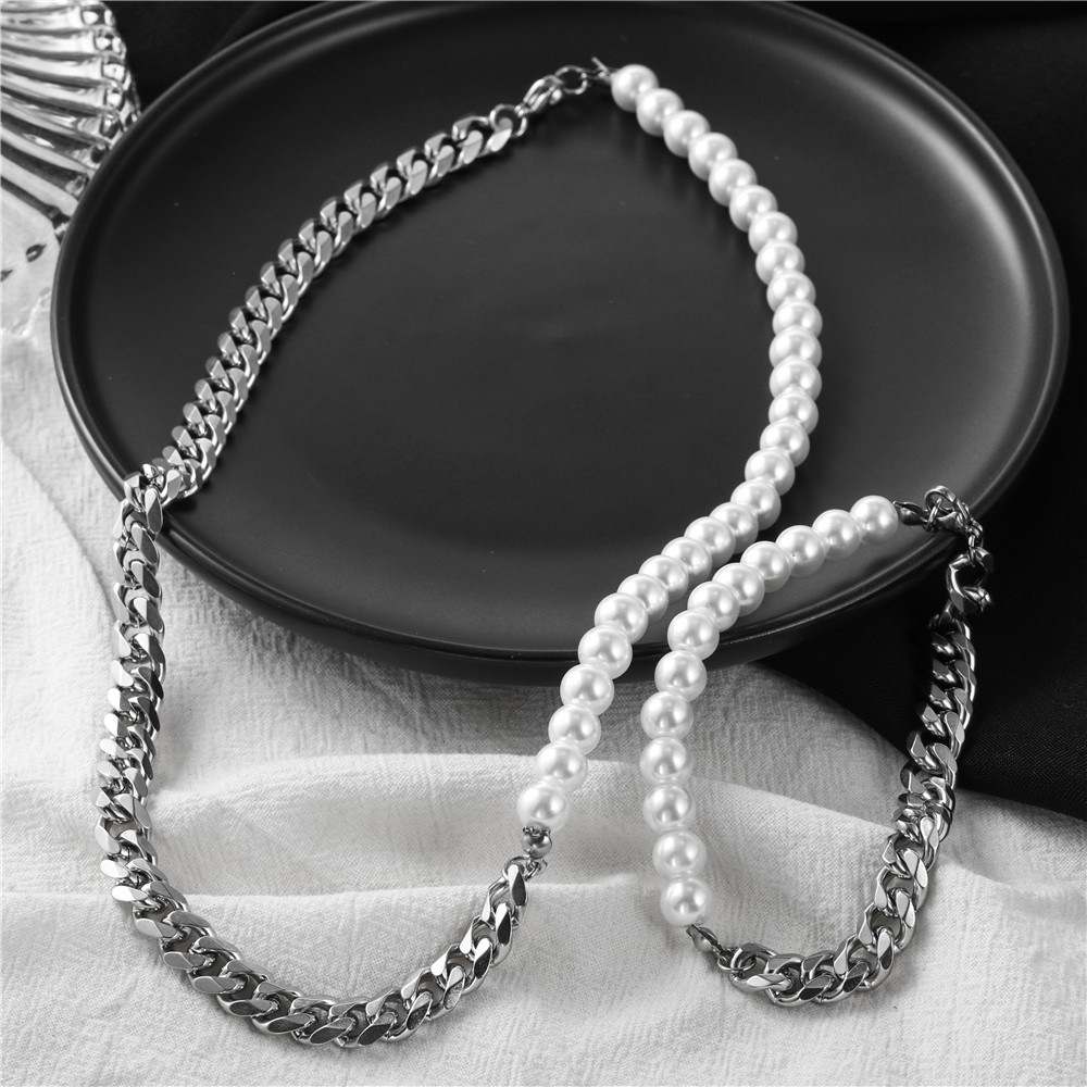 Stitching stainless steel Cuban chain pearl chain necklace
