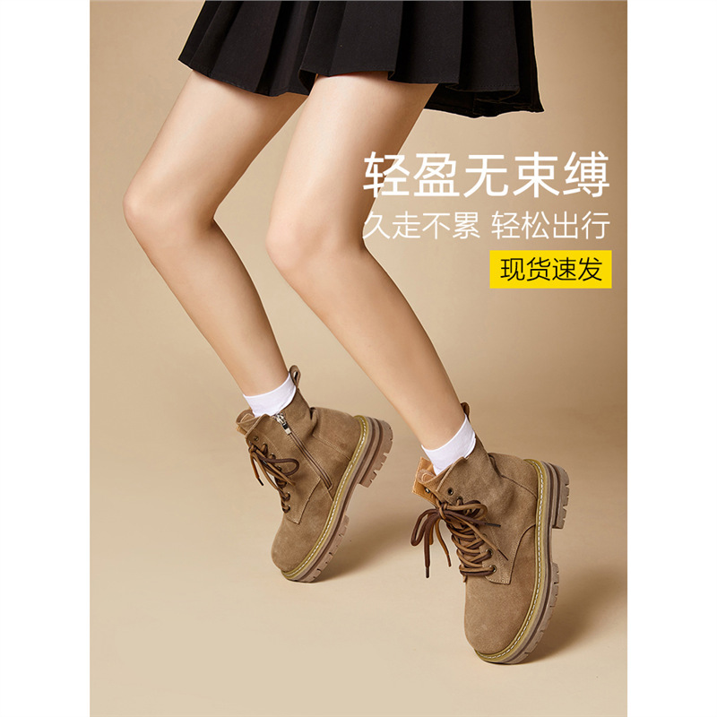 Hong Kong Genuine Leather British Style Martin Boots for Women 2025 Spring & Fall Frosted Texture Short Boots Workwear Rhubarb Boots