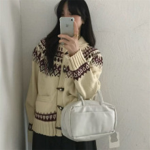 古着北欧风撞色提花立领针织毛衣女外套女秋冬软糯宽松费尔岛外套