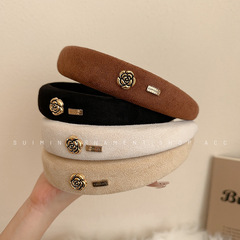 美拉德復古山茶花發箍女法式海綿高顱頂頭箍百搭外出洗臉壓發髮飾