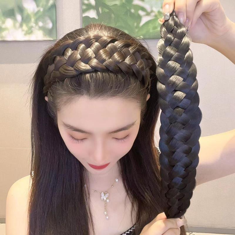 Banda de Pelo trenzado de torsión ensanchada peluca diadema femenina pelo artificial antideslizante banda de pelo trenzado de cinco hilos engrosada trenza de espina de pescado de ala ancha