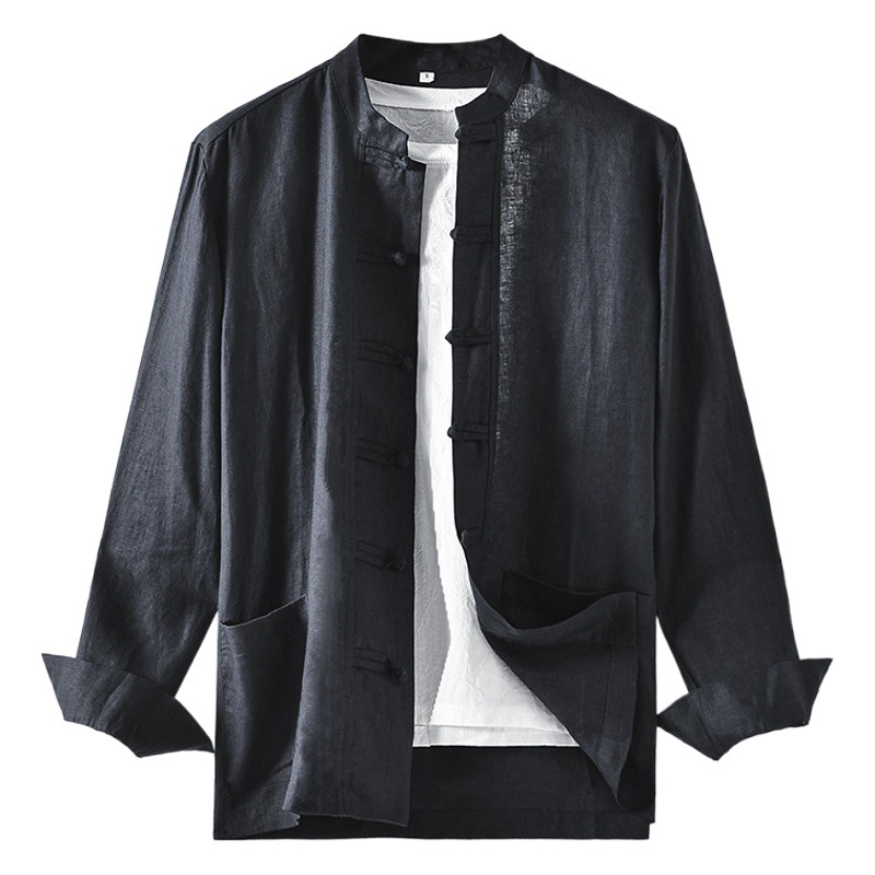 Primavera 2024 hombres de lino estilo nacional camisa suelta retro hebilla chino stand collar manga larga E009