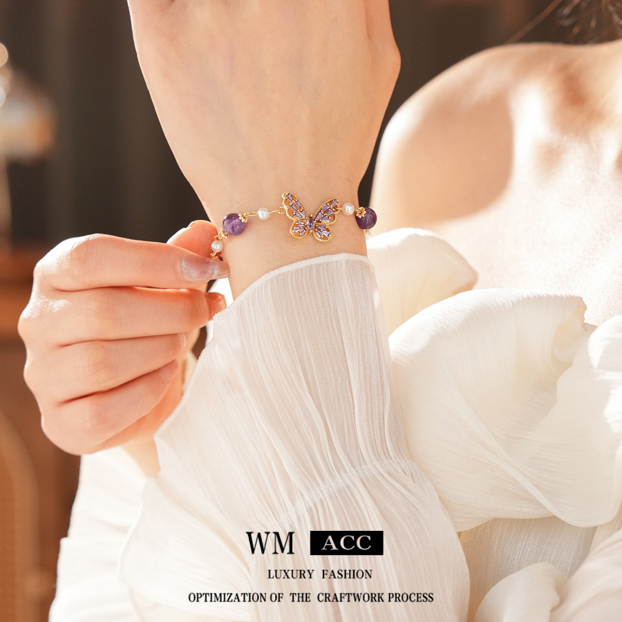 Zircon mariposa amatista pulsera de perlas de moda de viaje universal collar dulce conjunto de joyas de nicho de alta calidad