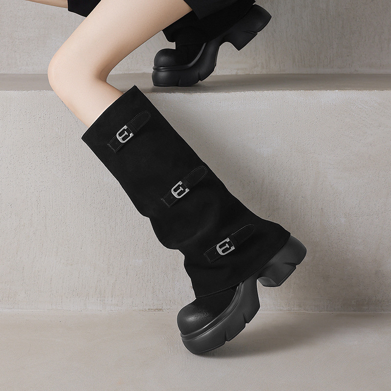 Boot nữ da lộn đế dày phong cách biker, gót platform 5 cm — màu đen