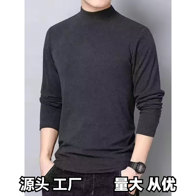 공장 도매 양면 벨벳 하프 하이 칼라 긴팔 티셔츠 남성용 봄과 가을 기모 따뜻한 스웨터베이스 셔츠 착용