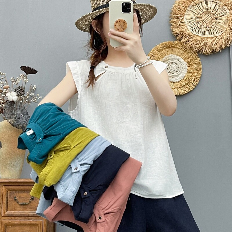 2656 Stylish Design Double-Layer Cotton Gauze Pullover Blouse with Flutter Sleeves, New Summer Casual Shirt Top for Women