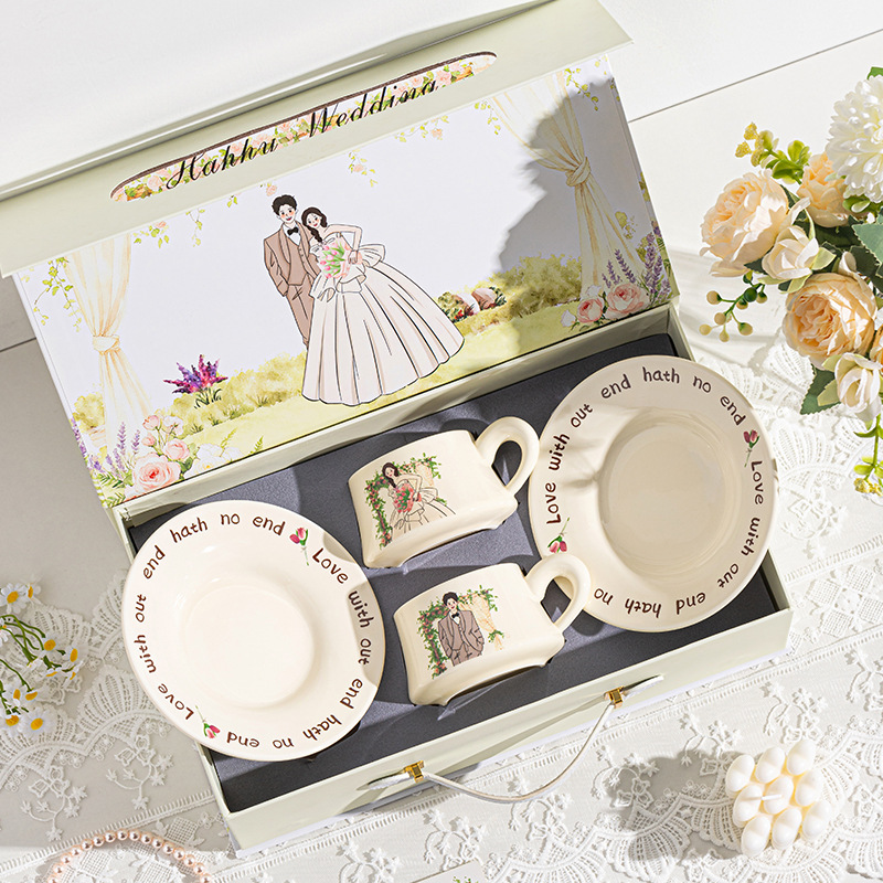 High-End French-Style Ceramic Coffee Cup and Saucer Set, Wedding Gift Box, Household Mug Set
